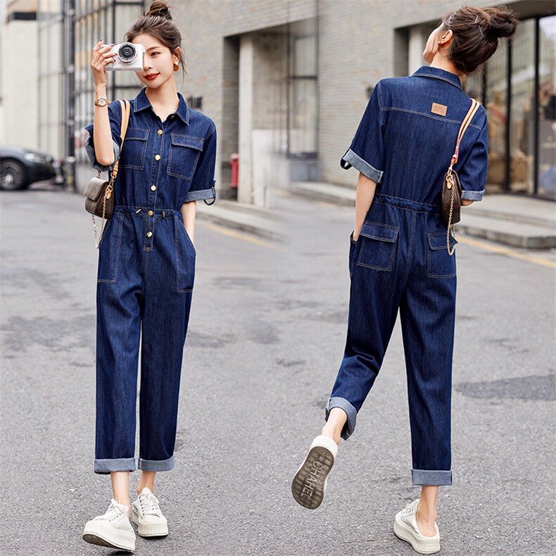 牛仔连体裤女2025春夏新款韩版时尚高腰宽松休闲显瘦工装连衣裤潮，女装连体裤，E百度