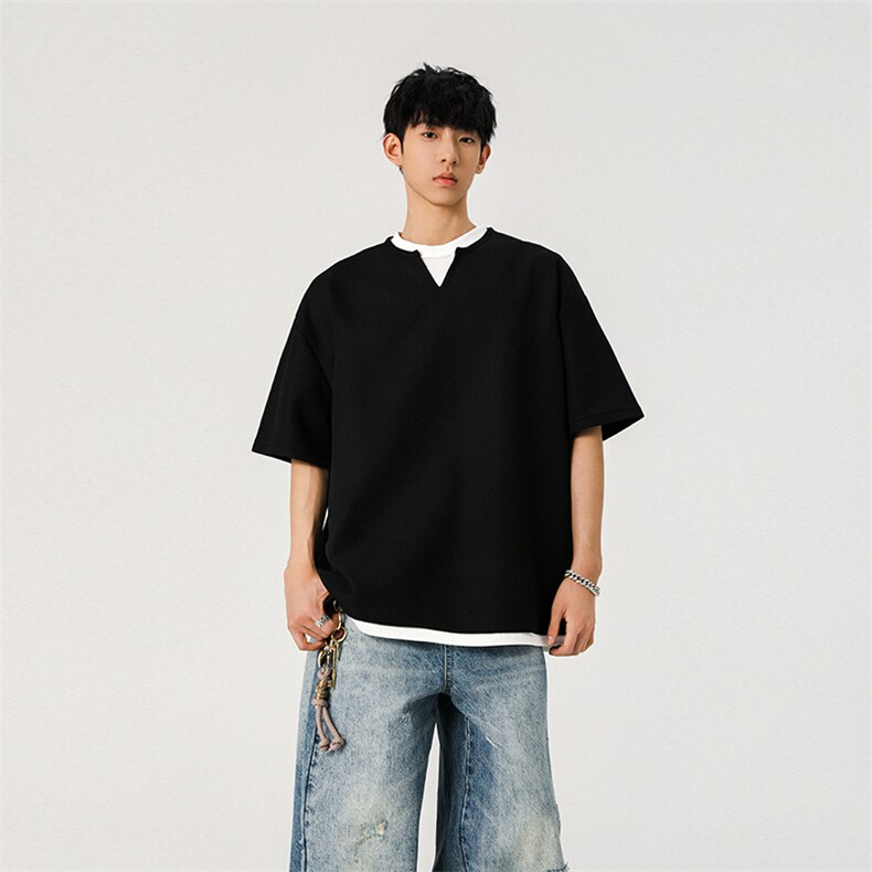 现货A2011TP30夏季2026小众设计感撞色假两件T恤男百搭上衣,男装T恤,电商B241