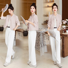 现货秒发2024春装新款新中式GUO风小香风盘扣外套休闲裤套装套裤，女装套装/套裙，星宇服饰