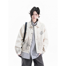 JK8971-P68秋季新款美式做旧脏染复古翻领牛仔夹克印花宽松潮流，男装T恤，电商B323A
