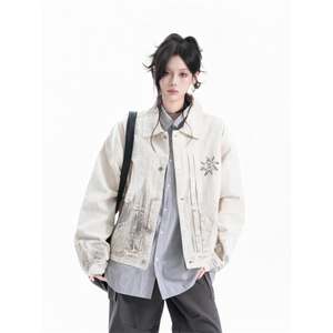 JK8971-P68 秋季新款美式做旧脏染复古翻领牛仔夹克印花宽松潮流图片