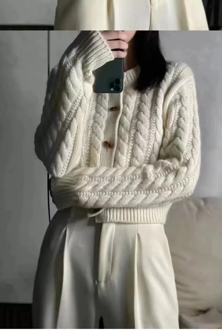 秋季女士宽松简约百搭纯色牛角扣麻花针织开衫,女装羊毛衫,恒恩羊绒
