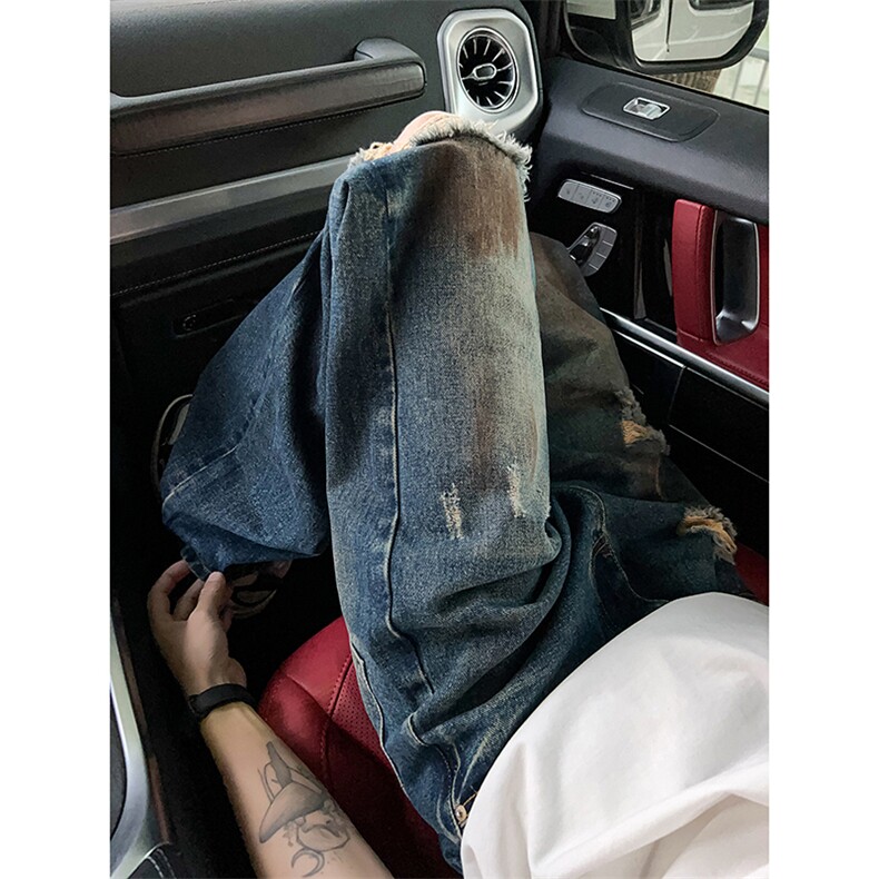 B221美式ins高街暗黑宽松直筒破洞喷墨乞丐牛仔裤LK24202-P60控78,男装牛仔裤,电商B221