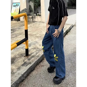 D7678-P50美式高街牛仔裤男女直筒设计感阔腿长裤潮-网图现货图片