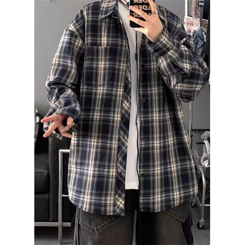 格子衬衫男女生款2025新款宽松休闲长袖百搭衬衣复古外套CS309,男装衬衫,星座1116A（原606A-3）