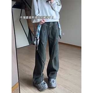 美式复古高腰微喇叭牛仔裤女春秋款辣妹高街设计感宽松窄版直筒裤图片