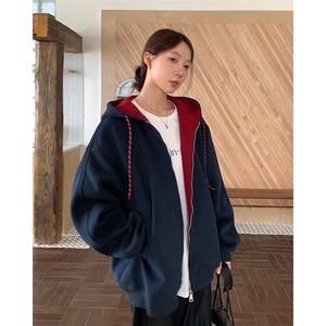抖音得物二开美式高街重磅结构双层撞色连帽卫衣开衫外套W116图片