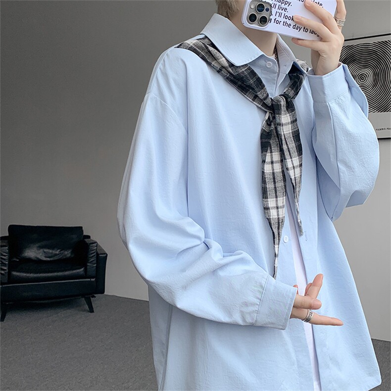 CS1156-特P38 控68 领巾小众设计感宽松大码衬衫男长袖衬衫外套图片