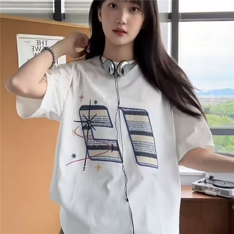 潮牌美式复古苹果小猫咪刺绣短袖t恤女纯棉宽松高级感情侣上衣,男装T恤,星座506A