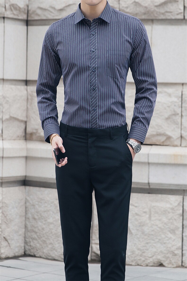S-8XL秋冬男士长袖衬衫条纹免熨烫抗皱衬衣男商务正装1559-1款,男装衬衫,星座802