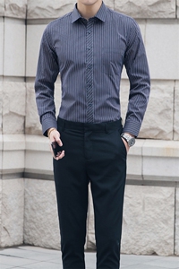 S-8XL秋冬男士长袖衬衫条纹免熨烫抗皱衬衣男商务正装1559-1款图片