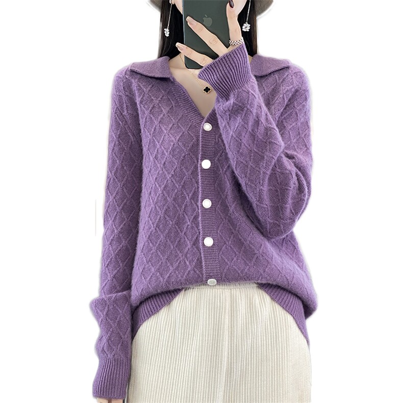 25新款100%纯羊毛开衫女POLO领提花毛衣针织衫外套宽松羊绒衫上衣,女装羊毛衫,邓利维