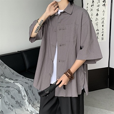 CS7122-P45特控78大码凉爽新中式侧面开衩盘扣复古衬衫外套，男装衬衫，电商D232