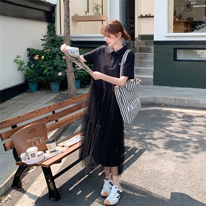 法式别致黑色短袖连衣裙女2025夏季新款高级感绝美显瘦网纱长裙子图片