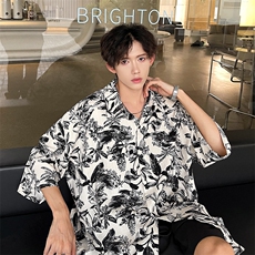 印花夏季短袖衬衫鱼鳞纹宽松版潮牌青年沙滩短袖衬衣849P38，男装衬衫，电商A458A
