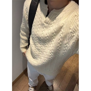 麻花设计感毛衣男女情侣慵懒高级感亨利领宽松套头针织衫 M5013图片