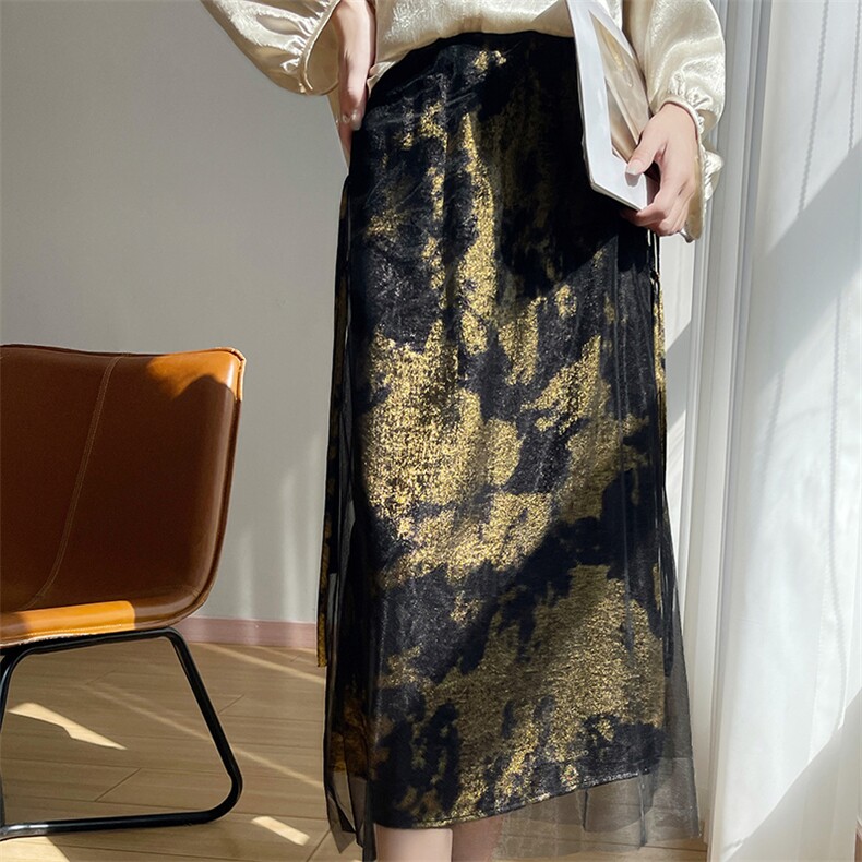 2025新款轻奢烫金网纱半裙春开叉直筒纱裙气质优雅显瘦遮跨长裙，女装半身裙，圣丽羊绒