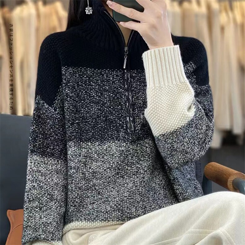 秋冬拉链高领100%羊毛衫女复古撞色长袖毛衣宽松慵懒羊绒针织打底,针织衫/毛衣,萱芳婷羊绒