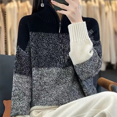 秋冬拉链高领100%羊毛衫女复古撞色长袖毛衣宽松慵懒羊绒针织打底，女装针织衫/毛衣，萱芳婷羊绒