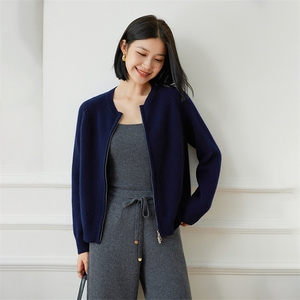 2025春秋新款羊绒衫女100山羊绒精纺连帽针织衫纯色休闲卫衣外套图片