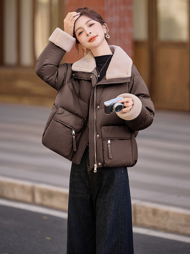 90绒。数据好，三年不下架，2025冬季短款羊羔毛拼接领羽绒服外套,女装短外套,E百度