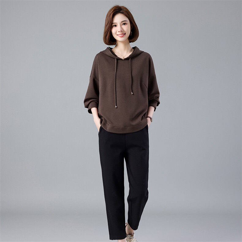 中年妈妈秋装套装2026新款落肩袖卫衣中老年女春秋季运动服两件套,女装套装/套裙,深水步