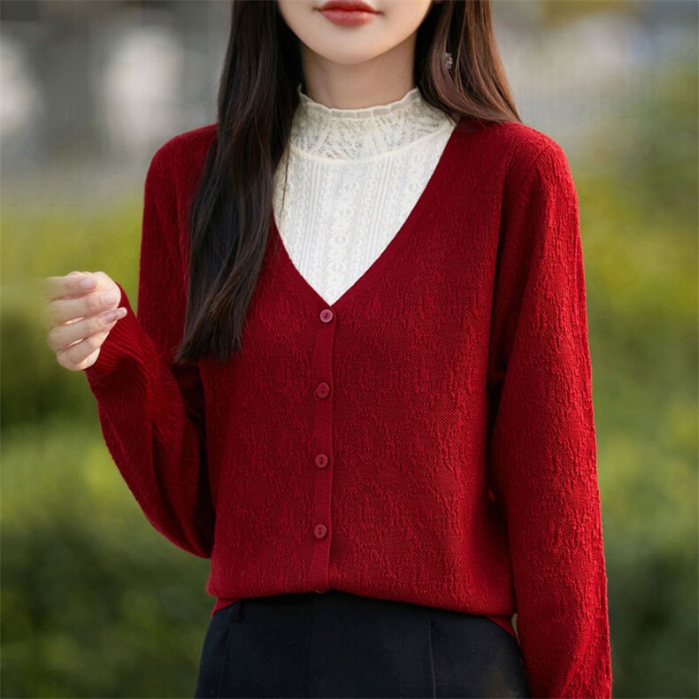 法式蕾丝木耳花边拼色针织打底衫女假两件半高领百搭长袖内搭毛衣图片