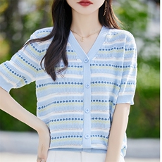 纯棉线条纹提花针织短袖开衫女T恤2025夏薄宽松舒适洋气百搭上衣，女装针织衫/毛衣，斯美雅电商供货