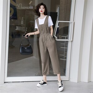 工装连体裤女2022年夏季甜酷薄款连衣裤纯色T恤两件套时尚百搭，女装连体裤，梦懿尔