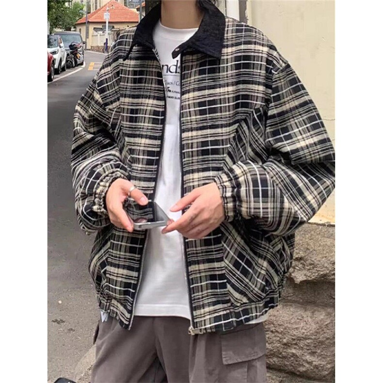 春秋季黑白格纹翻领夹克男款日系复古风街头拉链外套上衣J642,男装夹克,星座1116A（原606A-3）