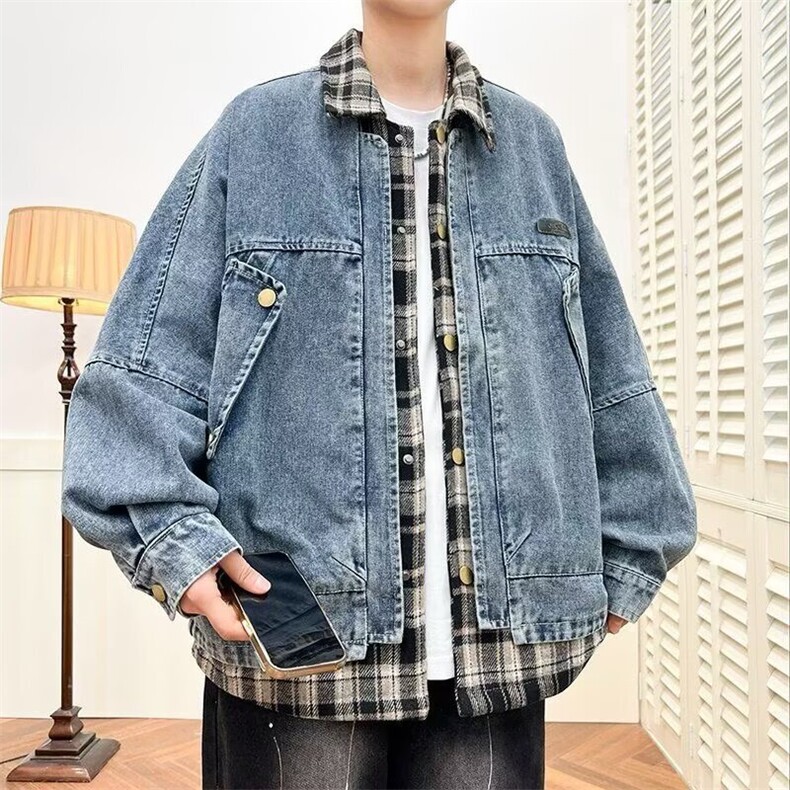 926-P78春秋季牛仔外套男孩初高中学生假两件夹克青少年帅气,男装工装外套,电商B323A