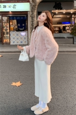 浅粉色秋冬皮毛一体外套女仿水貂绒休闲上衣2C353--716#P180K268，女装短外套，2C353
