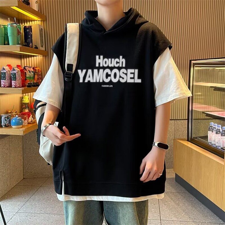C510P38日系少年感假两件短袖T恤男夏季宽松青少年连帽套,男装T恤,星座512-6