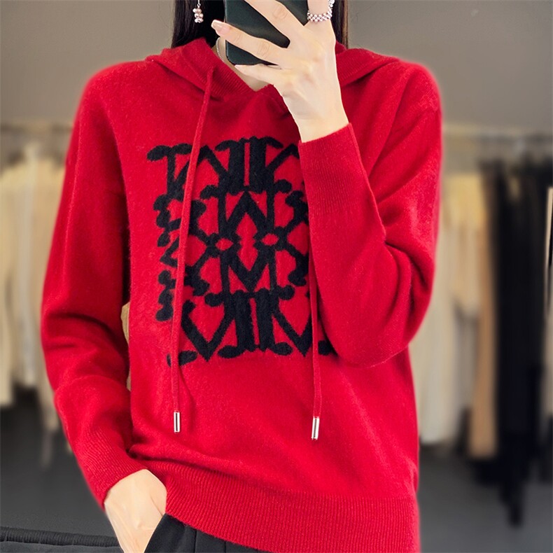 M家连帽卫衣美丽诺羊毛针织衫洋气减龄女秋冬长袖套头字母提花图片