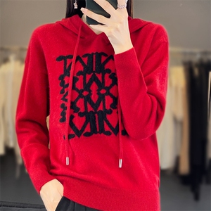M家连帽卫衣美丽诺羊毛针织衫洋气减龄女秋冬长袖套头字母提花图片