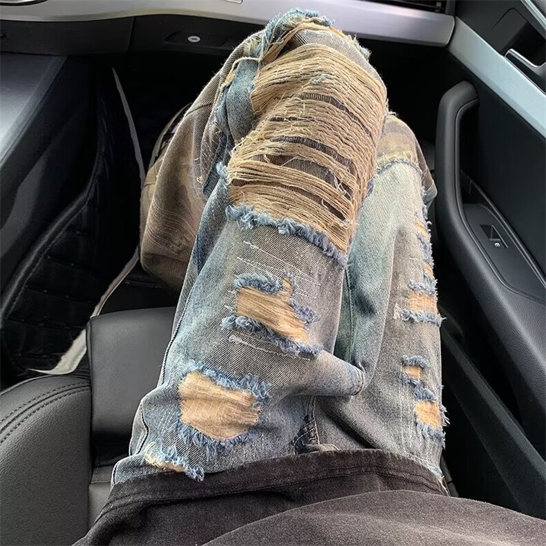 高街迷彩拼接微喇牛仔裤复古嘻哈hiphop直筒显瘦长裤NS6002,男装牛仔裤,星座1116A-1（原606A）