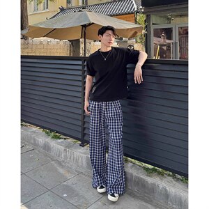 美式高街潮牌男女泡泡格子休闲裤直筒宽松慵懒显瘦阔腿休闲长裤子图片