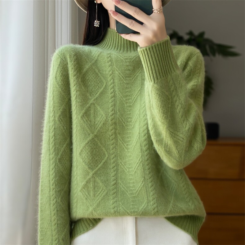 半高领菱形扭花100%纯羊毛衫女2024秋冬加厚长袖毛衣宽松羊绒打底,女装羊毛衫,大美人包芯纱店