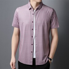 夏季新款格子衬衫男冰丝短袖商务休闲寸衫中年男士爸爸衬衣，男装衬衫，电商B212（原钱塘6029）