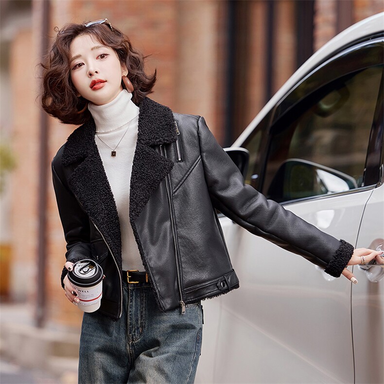 海宁皮毛一体2025新款爆款女秋冬加绒厚高级感短款皮草绵羊皮外套,女装皮衣,简古