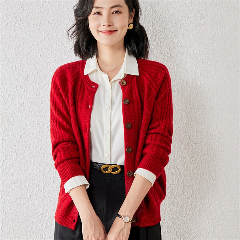 2025年秋季新款百搭女士提花圆领开衫,针织衫/毛衣,春贝羊绒