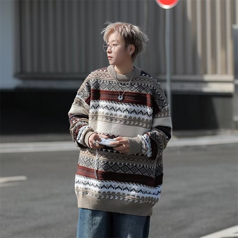 民族风毛衣男冬季韩系复古高级感潮牌条纹针织衫M5032P50,男装针织衫/毛衣,星座1116-2