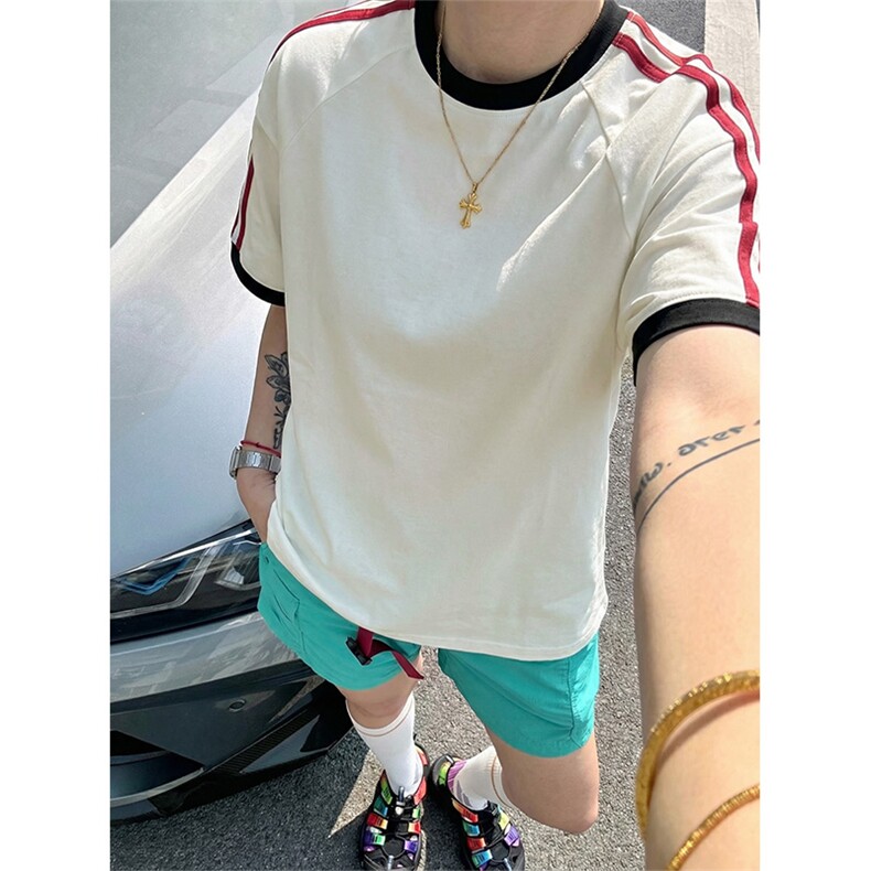 两条杠运动夏季短袖T恤复古撞色休闲款上衣男女X61403-TP2549,男装T恤,电商A102