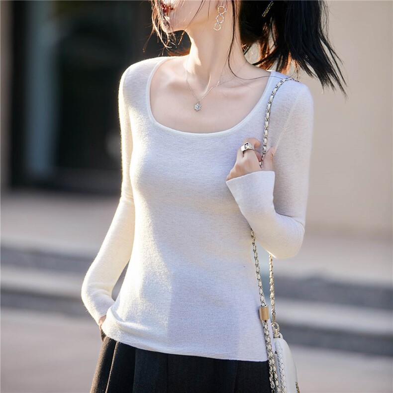 2025新款U领针织打底衫女洋气内搭修身可外穿薄精纺羊毛毛衣上衣，女装针织衫/毛衣，越洋羊