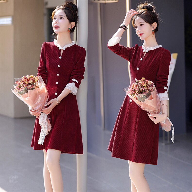 新中式红色小香风连衣裙女2025春秋新款气质修身小个子长袖A字裙，女装连衣裙，冬木谷雨