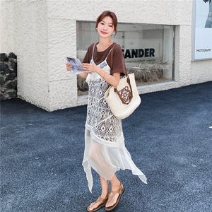 休闲T恤蕾丝吊带连衣裙套装女夏2025新款气质优雅爆款超好看长裙图片