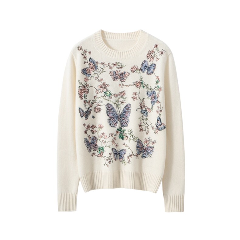 2025年秋季时尚百搭通勤简约休闲蝴蝶绣花圆领长袖，女装羊绒衫，臻维羊绒