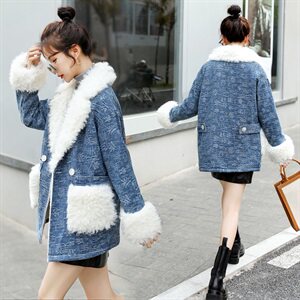 时尚拼接羊毛羔毛呢大衣女冬季新款加厚保暖外套显瘦百搭气质上衣,女装棉衣/棉服,秋水欣儿