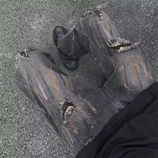 D1098-P48涂鸦破洞牛仔裤男夏季设计感裤高街痞帅美式直筒裤，男装牛仔裤，星座603-2
