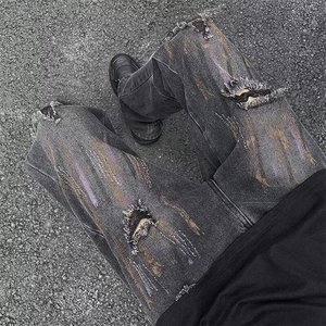 D1098-P48涂鸦破洞牛仔裤男夏季设计感裤高街痞帅美式直筒裤图片